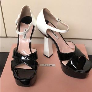Miu Miu black & white patent leather strappy pumps